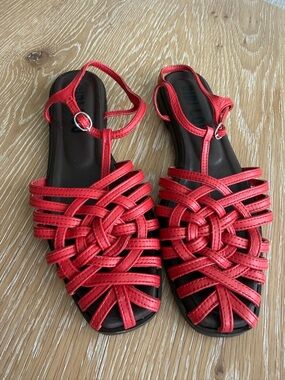 Bibilou Red Woven Knot Leather Sandals with Ankle Strap